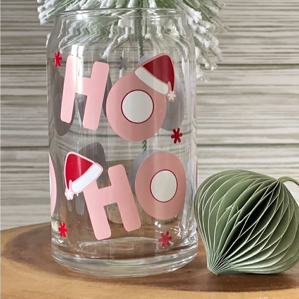 HO HO pink Christmas Beer can Glass NWT